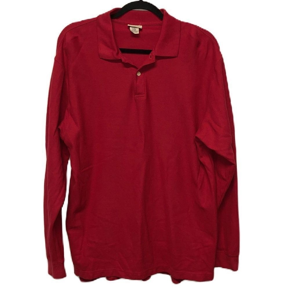 L.L. Bean Mens Size Medium Regular Red 100% Cotton Long‎ Sleeve Polo Shirt